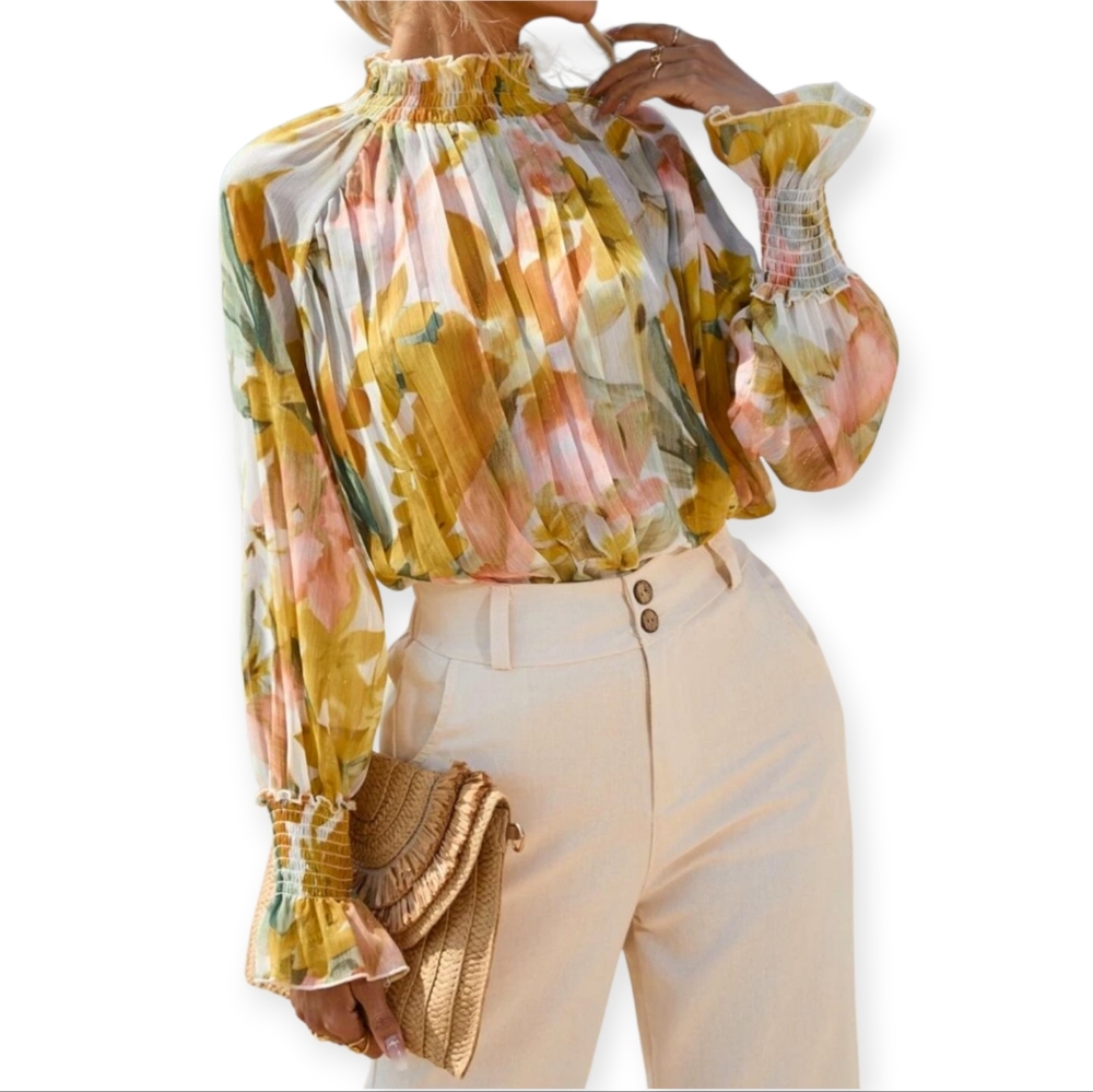 Shein Aveloria Chiffon Floral Lurex Pleated Mock Neck  Blouse